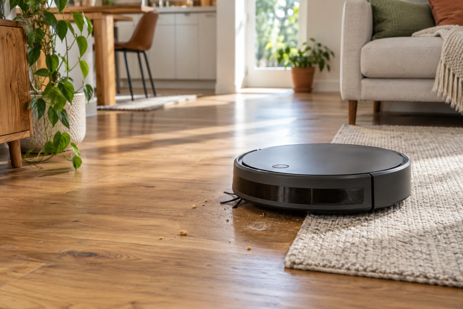 A charcoal robot vacuum cleaning along a rug on a sunlit wood floor